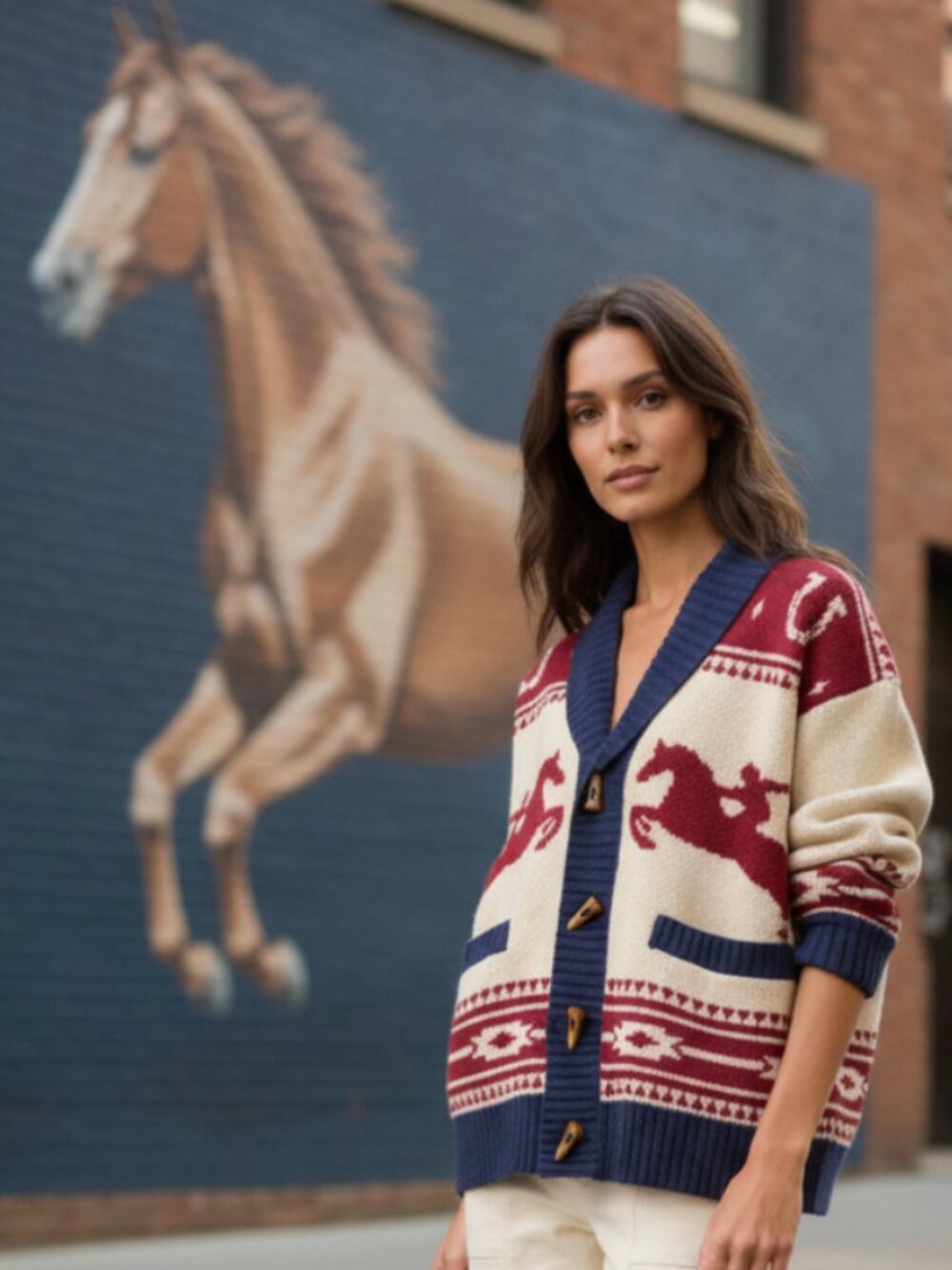NWOT Altar'd State Bonnie Horse Knit Cream Navy Shawl Collar  Cardigan Western